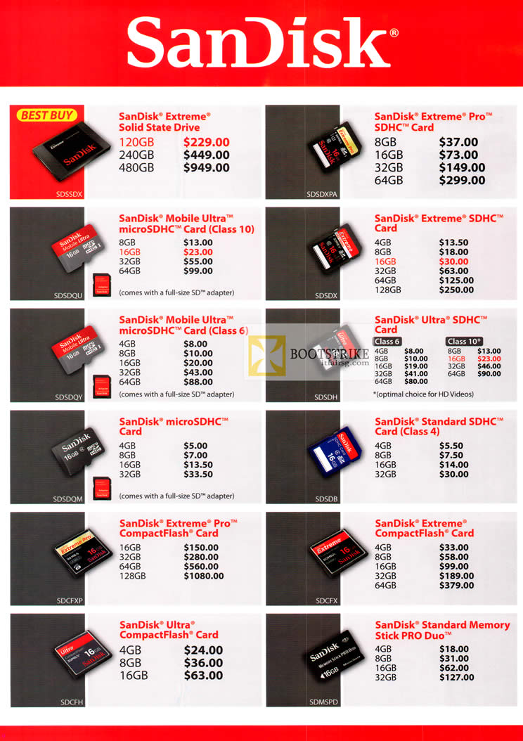 PC SHOW 2012 price list image brochure of Sandisk Flash Memory Cards SSD Extreme, SDHC, MicroSDHC, SDHC, CompactFlash CF, Extreme Pro Memory Stick Pro Duo