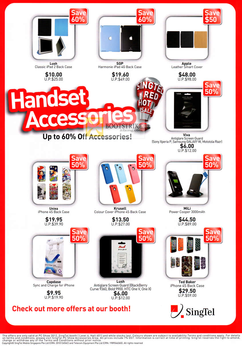 PC SHOW 2012 price list image brochure of Singtel Accessories Lush, Apple Leather Smart Cover, Uniea Case, Krusell, Capdase, Lush