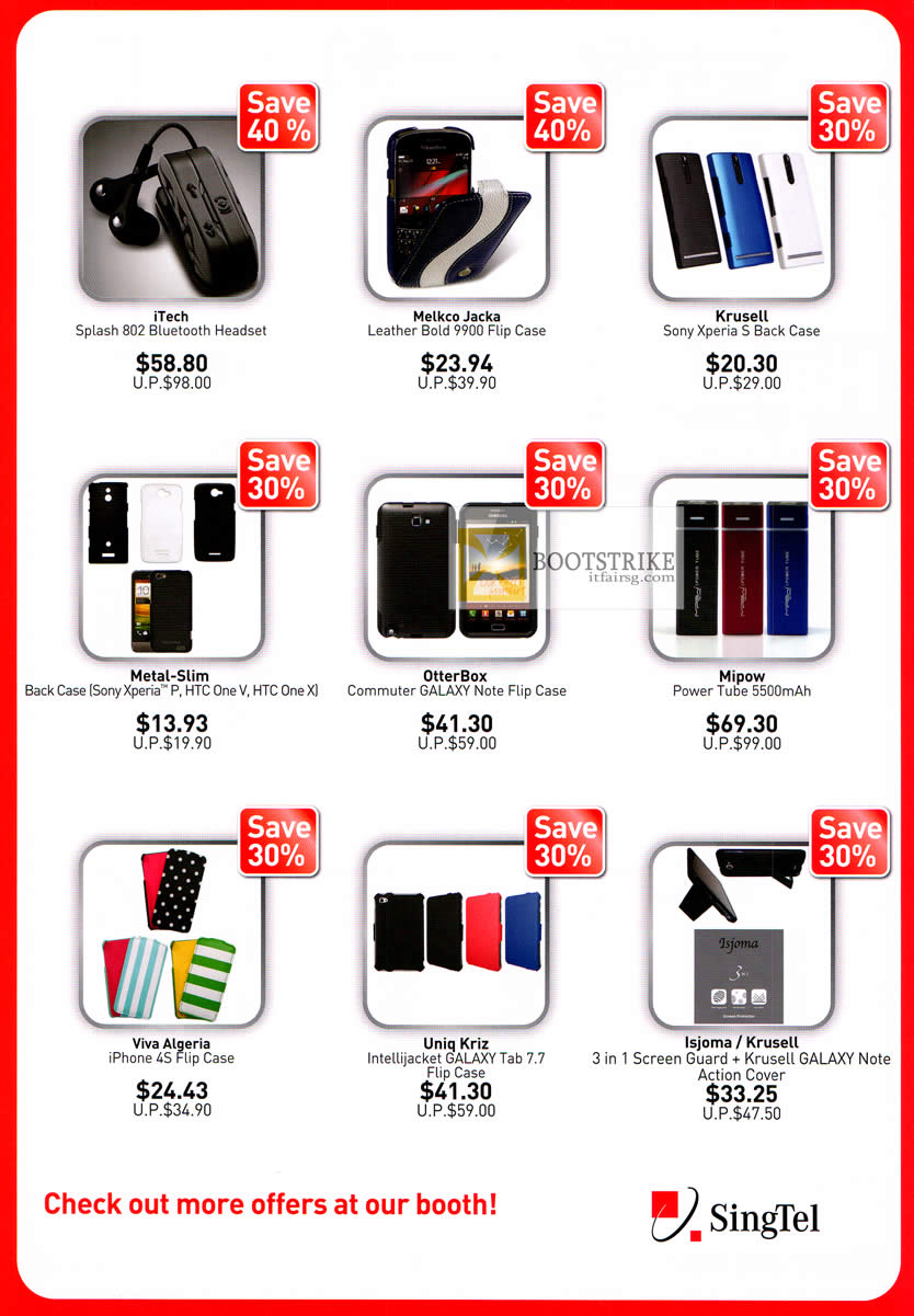 PC SHOW 2012 price list image brochure of Singtel Accessories ITech Splash 802 Bluetooth Headset, OtterBox Commuter Galaxy Note Case, Mipow Power Tube, Uniq Kriz