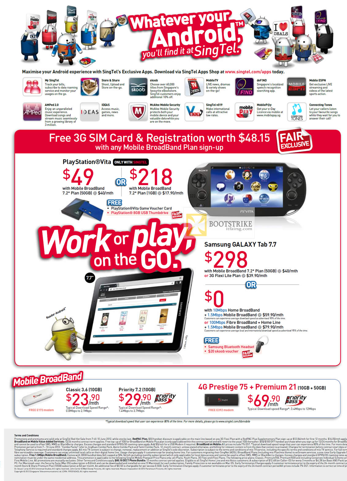 PC SHOW 2012 price list image brochure of Singtel Apps Shop, Sony PlayStation Vita, Free 3G SIM Card, Registration, Samsung Galaxy Tab 7.7, Mobile Broadband Classic 3.6, Priority 7.2, 4G Prestige 75, Premium 21