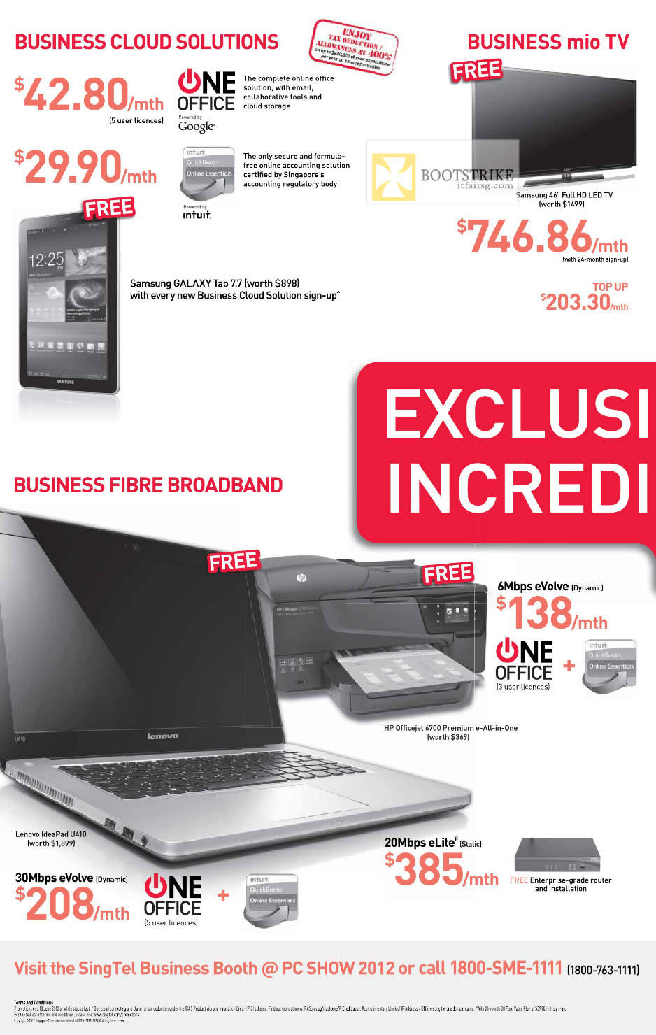 PC SHOW 2012 price list image brochure of Singtel Business Cloud One Office, Fibre Broadband, EVolve, ELite
