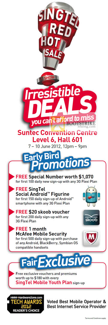 PC SHOW 2012 price list image brochure of Singtel Early Bird Free Special Number, Skoob Voucher, Android Figurine, McAfee, Youth Plan Free Vouchers