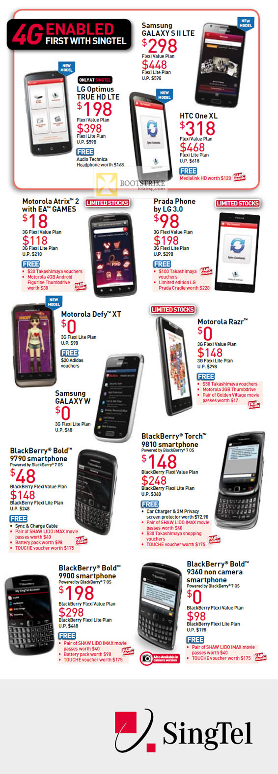 PC SHOW 2012 price list image brochure of Singtel Mobile 4G Samsung Galaxy S II LTE, LG Optimus True HD LTE, HTC One XL, Motorola Atrix, Defy XT, Prada Phone By LG 3.0, Blackberry Bold 9790, Torch 9810, Bold 9900, 9360