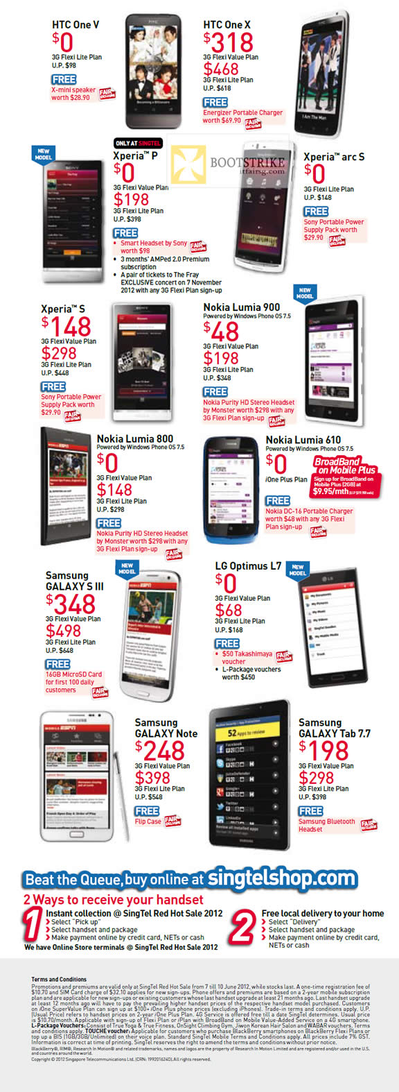 PC SHOW 2012 price list image brochure of Singtel Mobile HTC One V, X, Sony Xperia P, Arc S, S, Nokia Lumia 900, 800, 610, Samsung Galaxy S III, Note, Tab 7.7, LG Optimus L7
