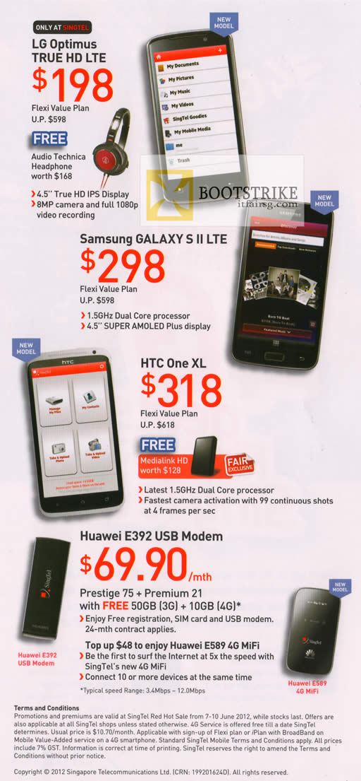 PC SHOW 2012 price list image brochure of Singtel Mobile LG Optimus True HD LTE, Samsung Galaxy S II LTE, HTC One XL, Huawei E392 USB Modem