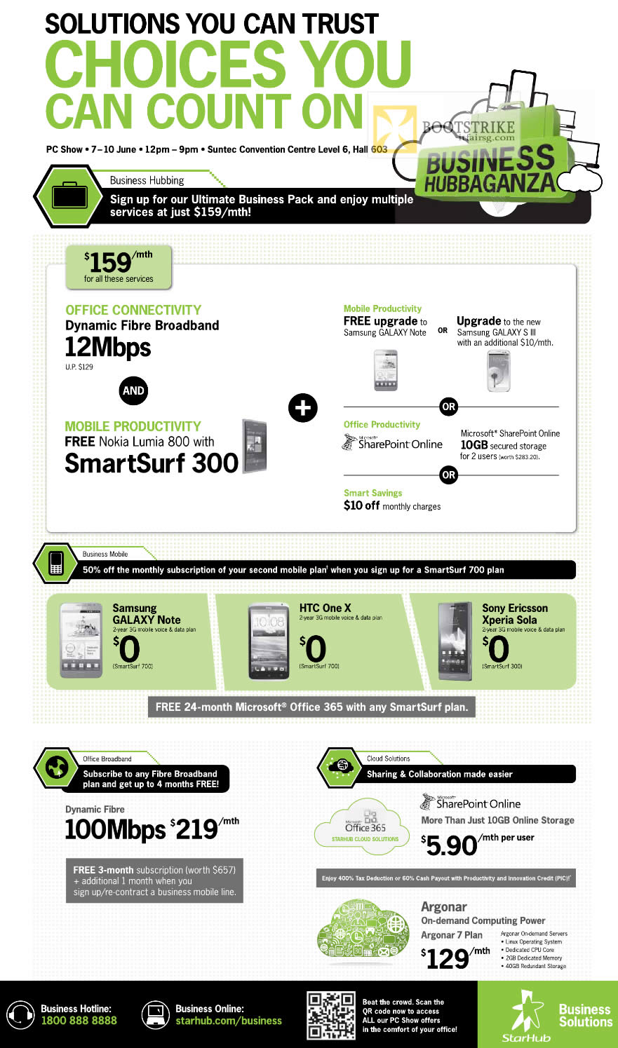 PC SHOW 2012 price list image brochure of Starhub Business Dynamic Fibre Broadband, Mobile Productivity, Office Sharepoint, Samsung Galaxy Note, HTC One X, Xperia Sola, Cloud, Argonar