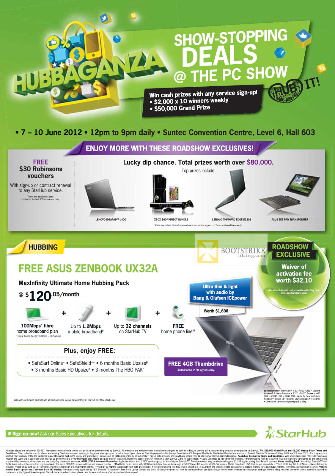 PC SHOW 2012 price list image brochure of Starhub Lucky Dip, Robinsons Vouchers, Hubbing Free ASUS Zenbook UX32A