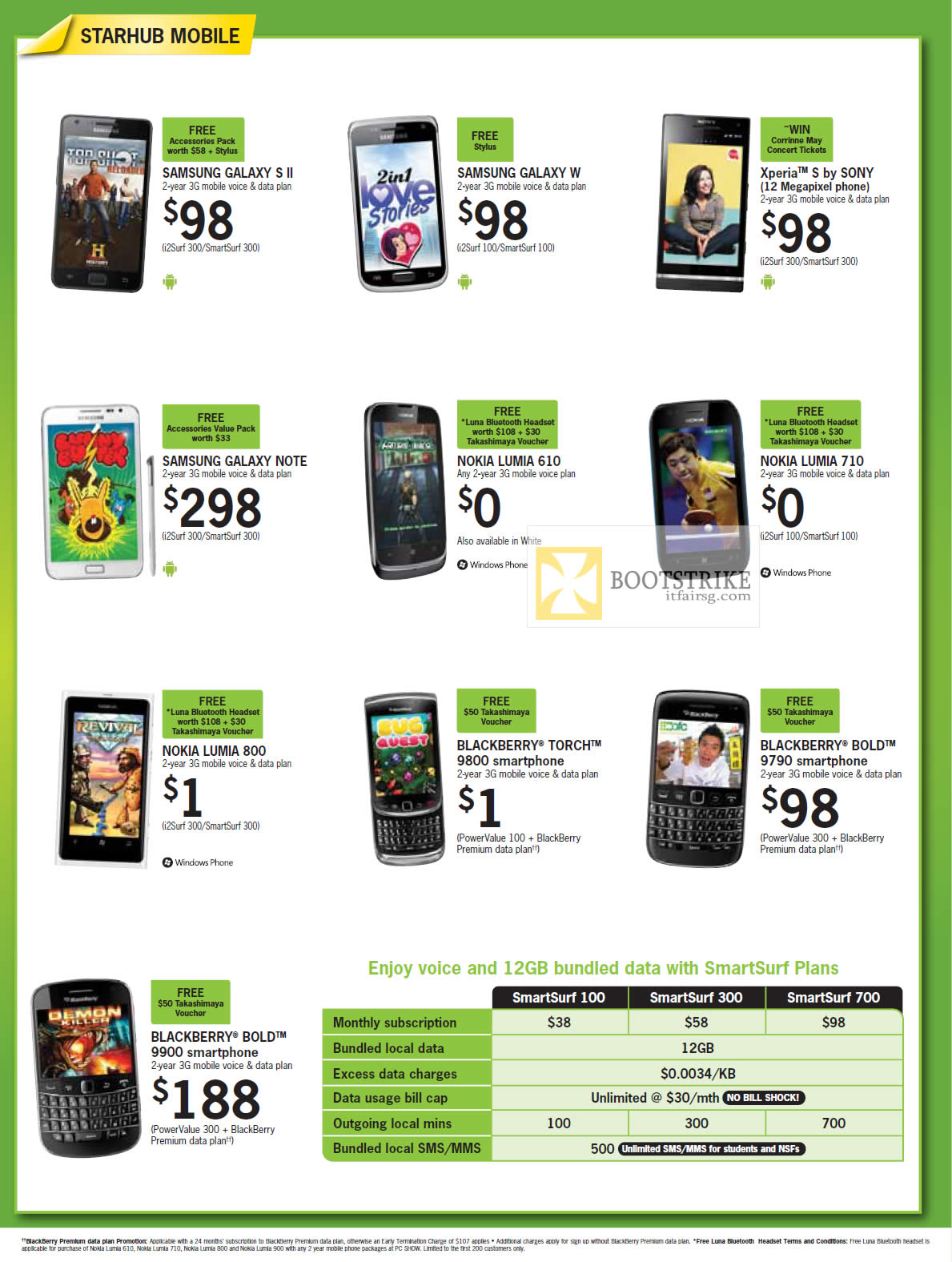 PC SHOW 2012 price list image brochure of Starhub Mobile Samsung Galaxy S II, W, Note, Nokia Lumia 610, 710, 800, Sony Xperia S, Blackberry Torch 9800, Bold 9790, 9900. SmartSurf