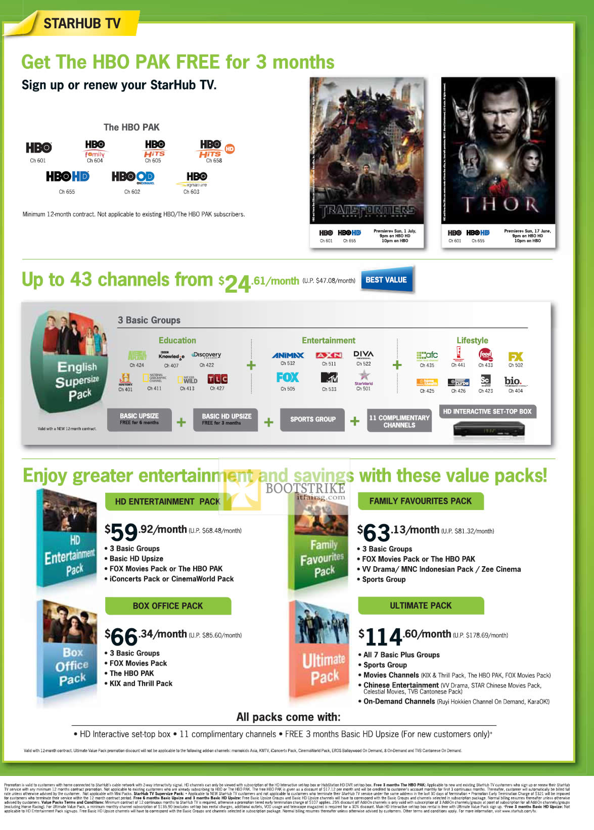 PC SHOW 2012 price list image brochure of Starhub TV HBO Pak Free, HD Entertainment Pack, Box Office Pack, Family Favourites, Ultimate
