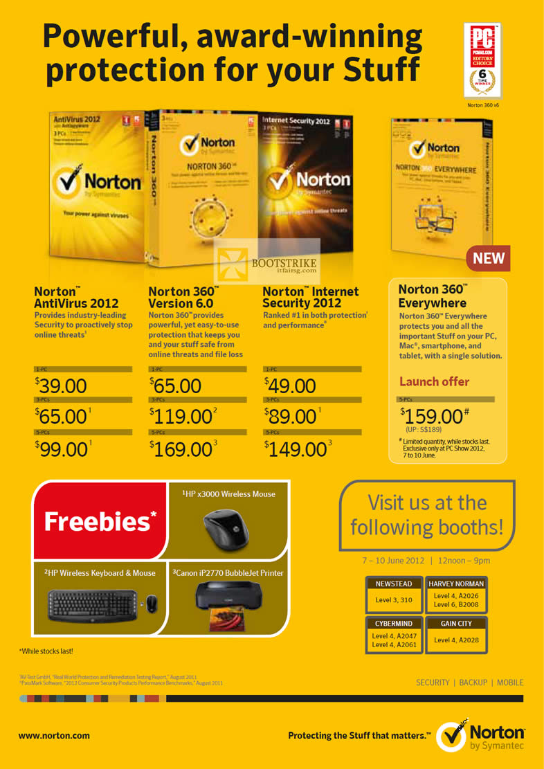 PC SHOW 2012 price list image brochure of Symantec Norton Antivirus 2012, Norton 360 Version 6, Norton Internet Security 2012, Norton 360 Everywhere Software