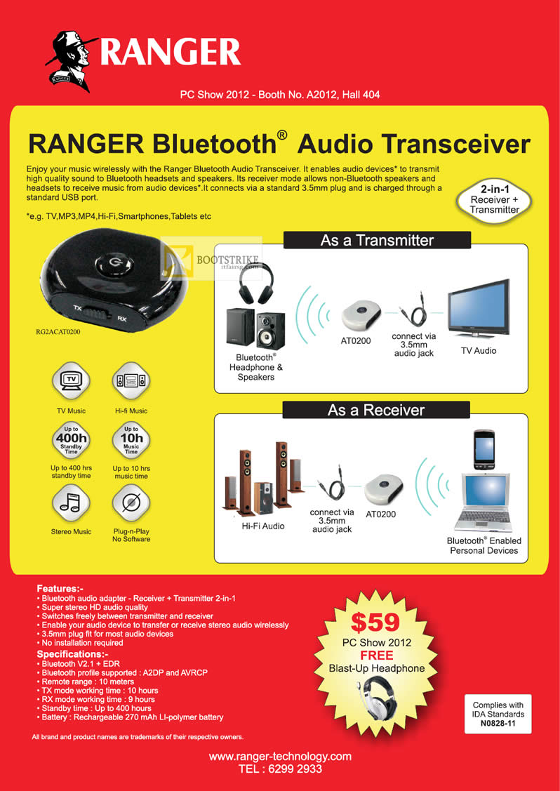 PC SHOW 2012 price list image brochure of Systems Tech Ranger Bluetooth Audio Transceiver RG2ACAT0200