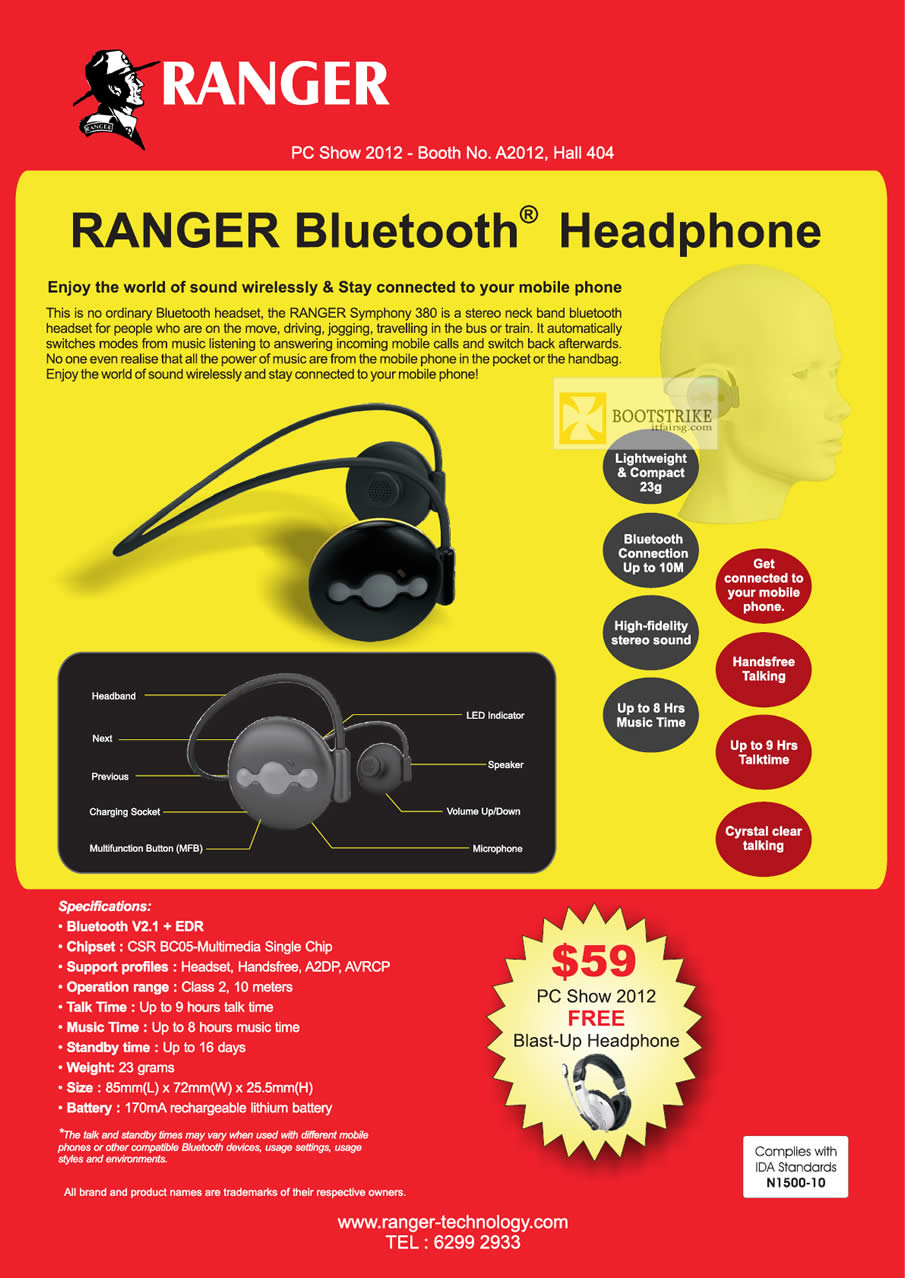 PC SHOW 2012 price list image brochure of Systems Tech Ranger Bluetooth Headphone