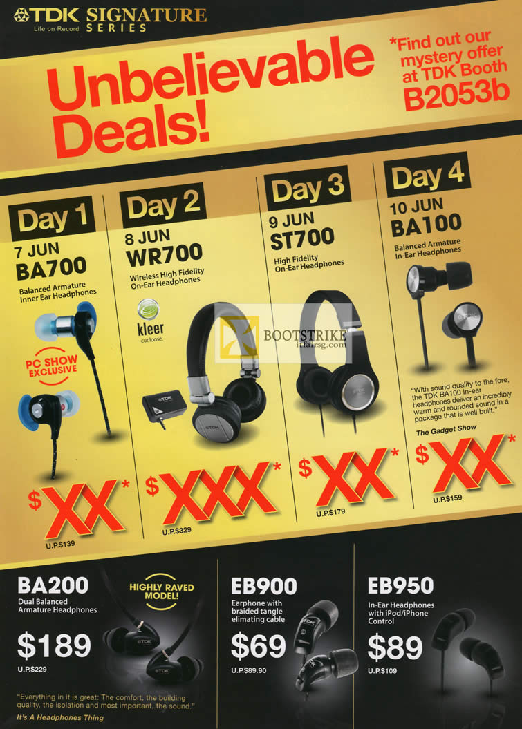 PC SHOW 2012 price list image brochure of TDK Daily Deals BA700, WR700, ST700, BA100, BA200 Headphones, EB900 Earphones, EB950