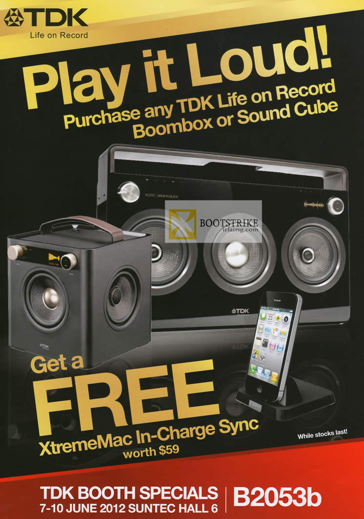 PC SHOW 2012 price list image brochure of TDK Free XtremeMac In-Charge Sync With Any Life On Record Boombox Purchase