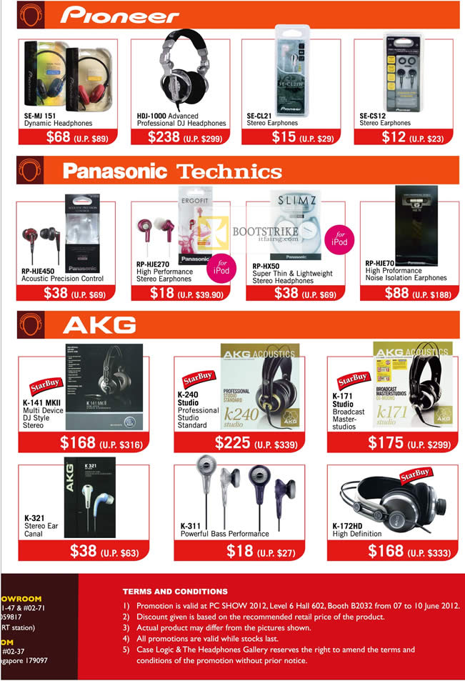 PC SHOW 2012 price list image brochure of The Headphones Gallery Pioneer Headphones, Earphones, SE-MU 151, HDJ-1000, Panasonic, Technics RP-HJE70, AKG K-141 MKII, K-240, K-171, K-321, K-311, K-172HD