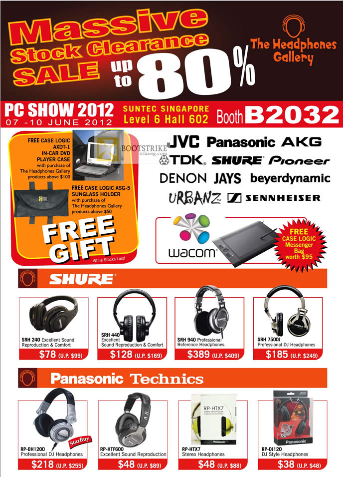 PC SHOW 2012 price list image brochure of The Headphones Gallery Shure SRH 240 Headphones, SRH 440, SRH 940, SRH 750DJ, Panasonic Technics RP-Dh1200, RP-HTF600
