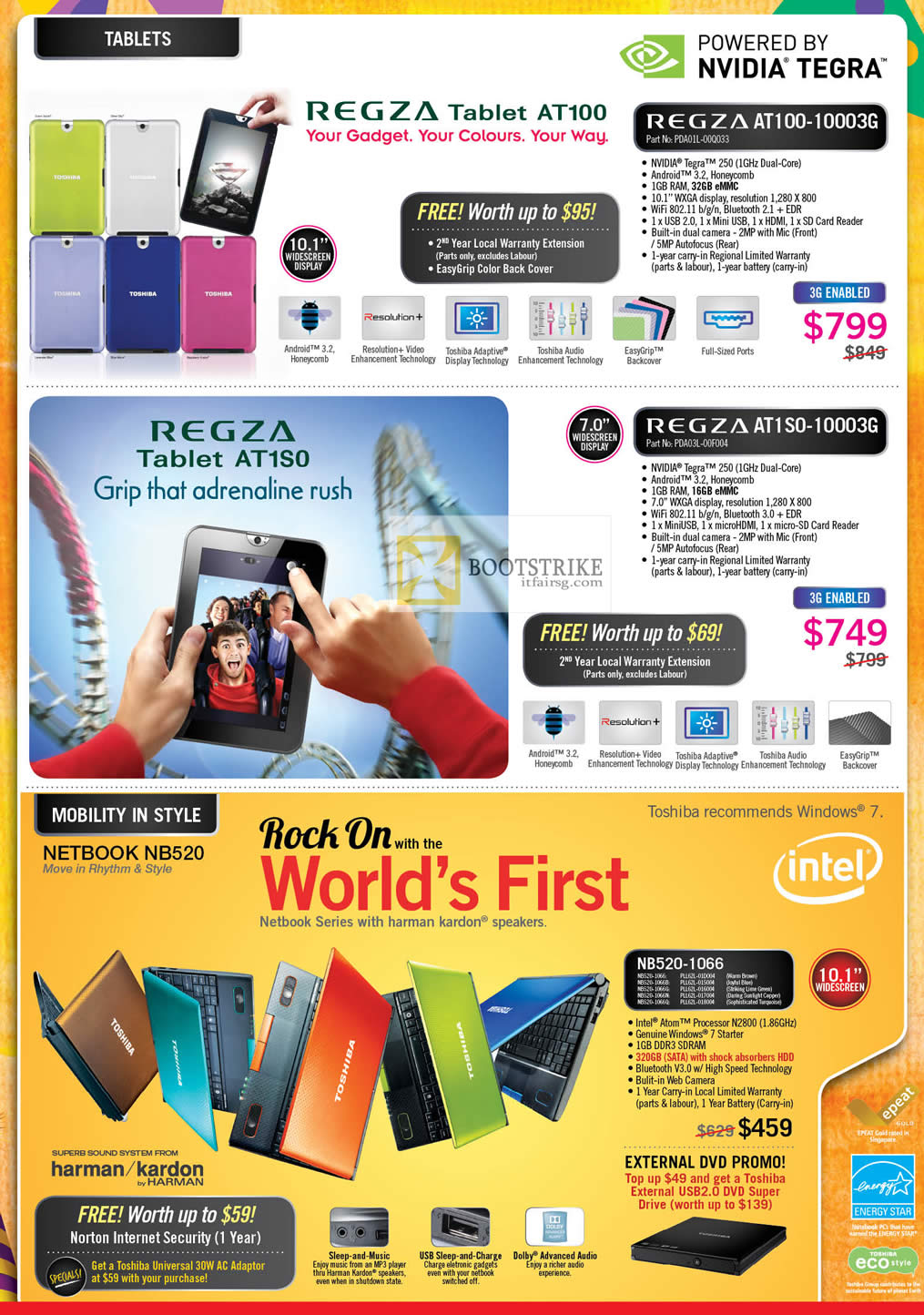 PC SHOW 2012 price list image brochure of Toshiba Tablets Regza AT100-10003G, AT1SO-10003G, Netbook NB520-1066