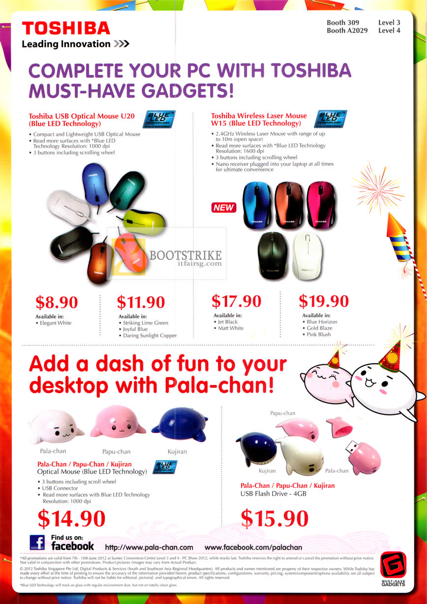 PC SHOW 2012 price list image brochure of Toshiba USB Mouse, Wireless Laser Mouse, Pala-Chan, Papu-Chan, Kujiran, USB Flash Drive