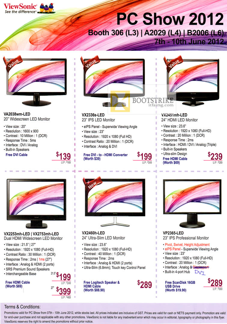 PC SHOW 2012 price list image brochure of Viewsonic Monitors LED VA2038wm-LED, VX2336s-LED, VX2451mh-LED, VX2253mh-LED, VX2753mh-LED, VX2460H, VP2365