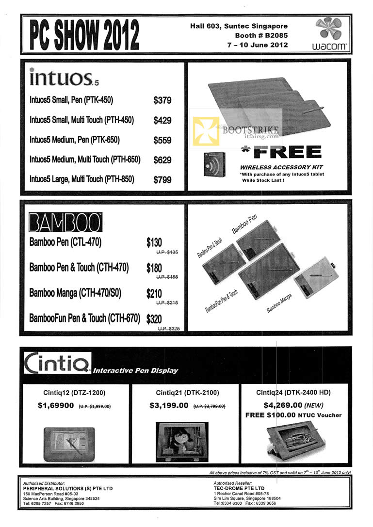 PC SHOW 2012 price list image brochure of Wacom Intuos5 PTK-450, PTH-450, PTK-650, PTH-650, PTH-850, Bamboo Pen CTL-470, Manga CTH-470 S0, BambooFun CTH-670, Cintiq12 DTZ 1200 2100 2400 HD