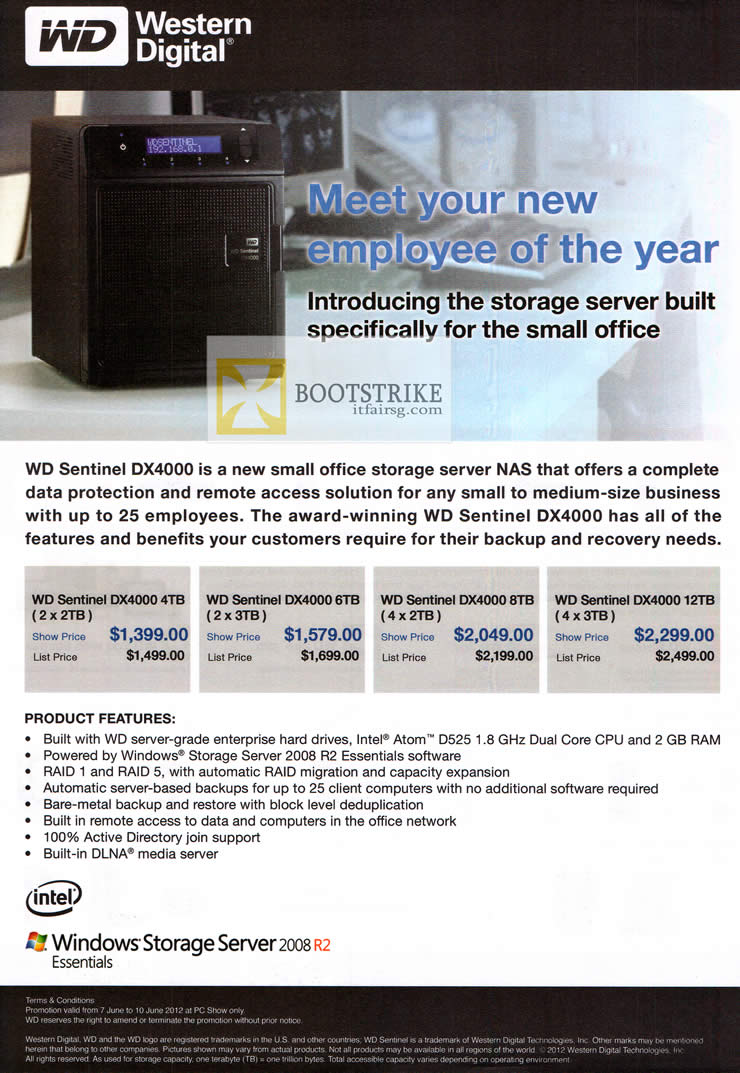 PC SHOW 2012 price list image brochure of Western Digital NAS Sentinel DX4000, Windows Storage Server 2008 R2 Essentials