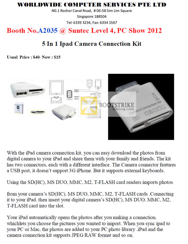 PC SHOW 2012 price list image brochure of Worldwide Computer 5 In 1 IPad Camera Connection Kit