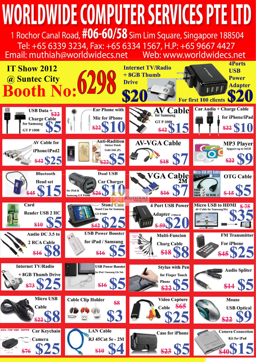 PC SHOW 2012 price list image brochure of Worldwide Computer Accessories MP3 Player, HDMI, FM Transmitter, USB TV Radio, Keychain Camera, LAN Cable, Mouse, Splitter, Video Capture