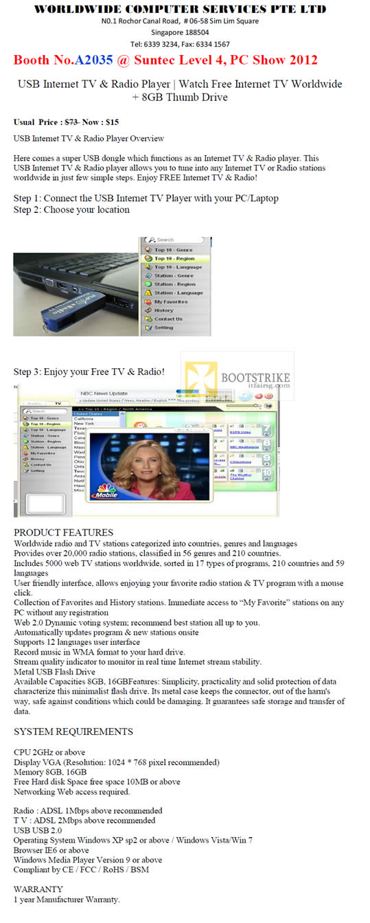 PC SHOW 2012 price list image brochure of Worldwide Computer USB Internet TV, Radio Player