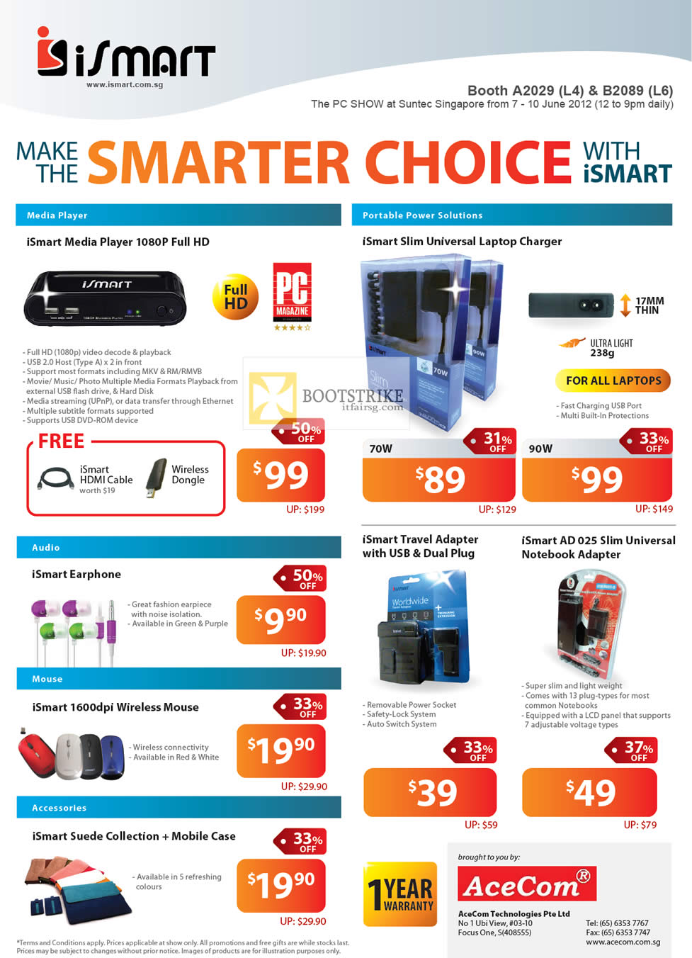 PC SHOW 2012 price list image brochure of ISmart Media Player, Slim Universal Notebook Charger, Travel Adapter, AD 025, Earphone, Mouse, Suede Case