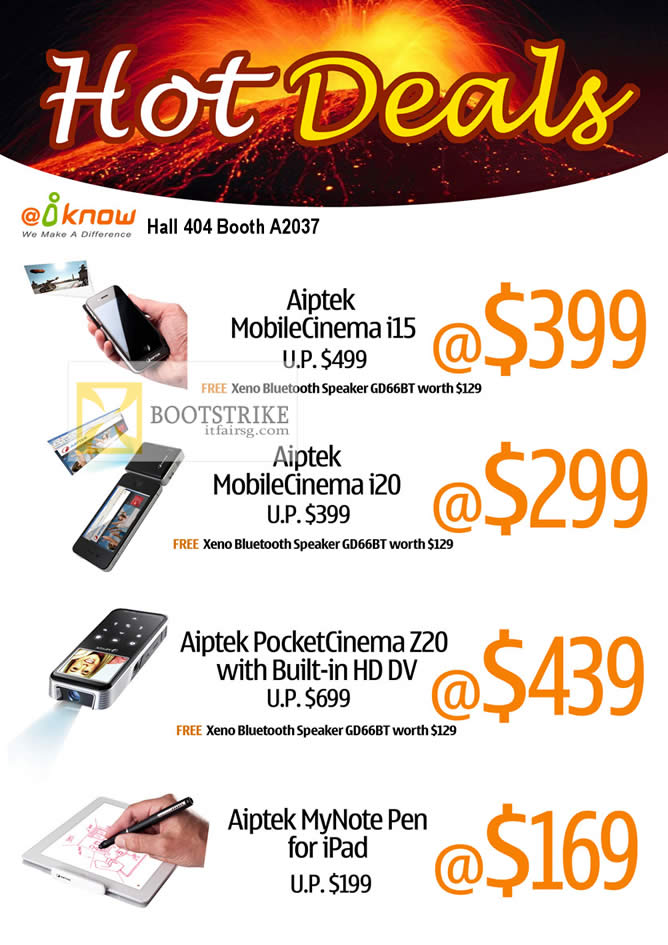PC SHOW 2012 price list image brochure of Iknow Apitek MobileCinema I15, I20, PocketCinema Z20, MyNote Pen IPad