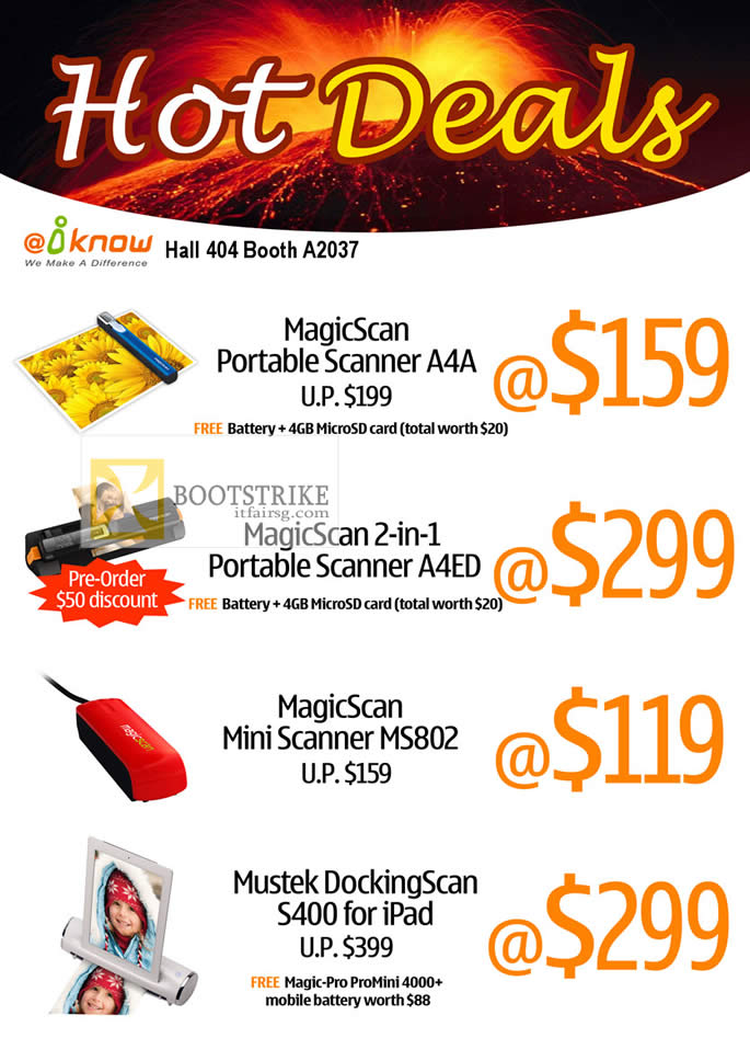 PC SHOW 2012 price list image brochure of Iknow MagicScan Portable Scanner A4A, A4ED, Mini Scanner MS802, Mustek DockingScan S400 IPad