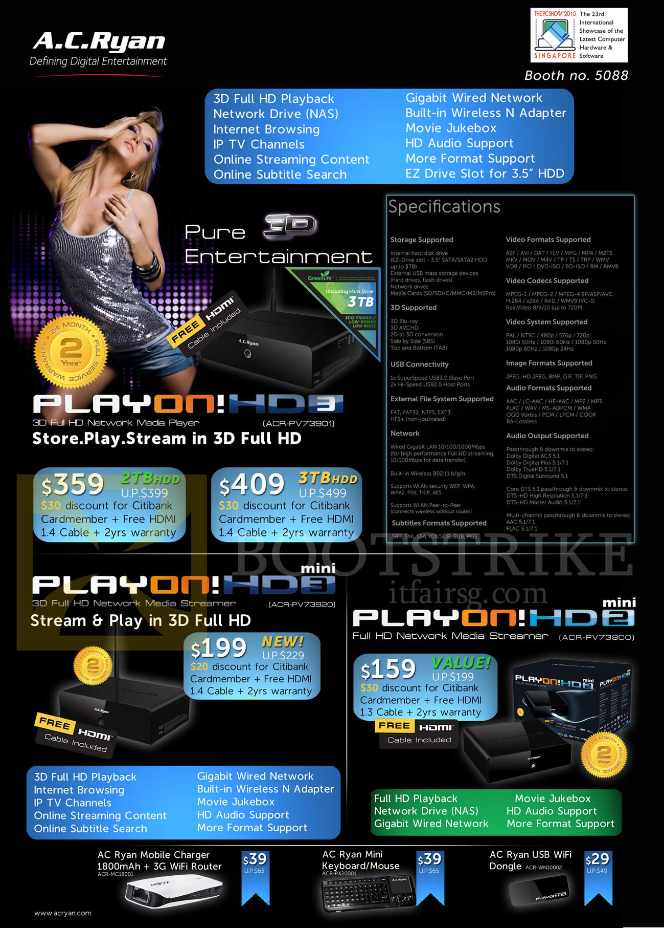 PC SHOW 2013 price list image brochure of AC Ryan Media Players Playon HD3 ACR-PV73901, Playon HD3 Mini PV73920, Playon HD2 Mini PV73800