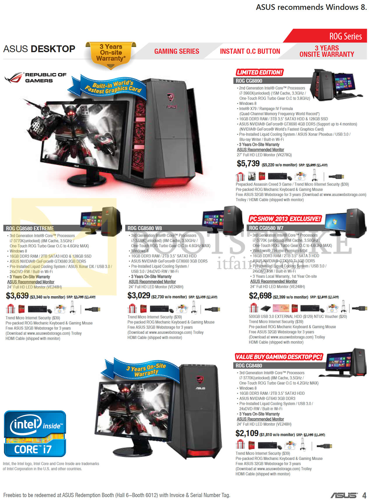 PC SHOW 2013 price list image brochure of ASUS Desktop PCs ROG CG8890, CG8580 Extreme, CG8580 W8, CG8580 W7, CG8480