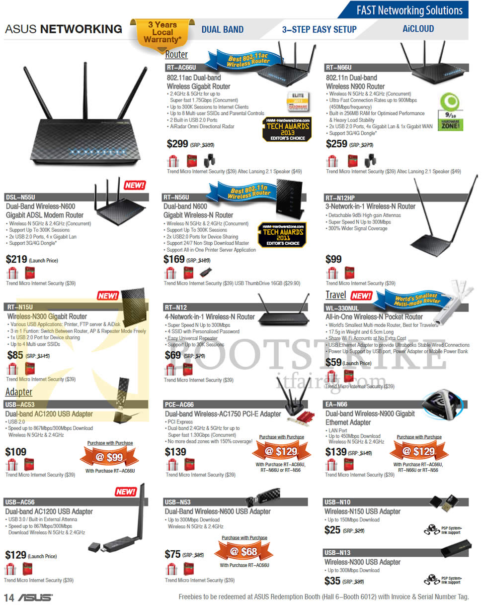 PC SHOW 2013 price list image brochure of ASUS Networking Routers Wireless RT-AC66U, Rt-N66U, DSL-N55U, RT-N56U N12HP N15U N12, WL-330NUL, Adapter USB-AC53, PCE-AC66, EA-N66, USB-AC56, USB-N10, USB-N13
