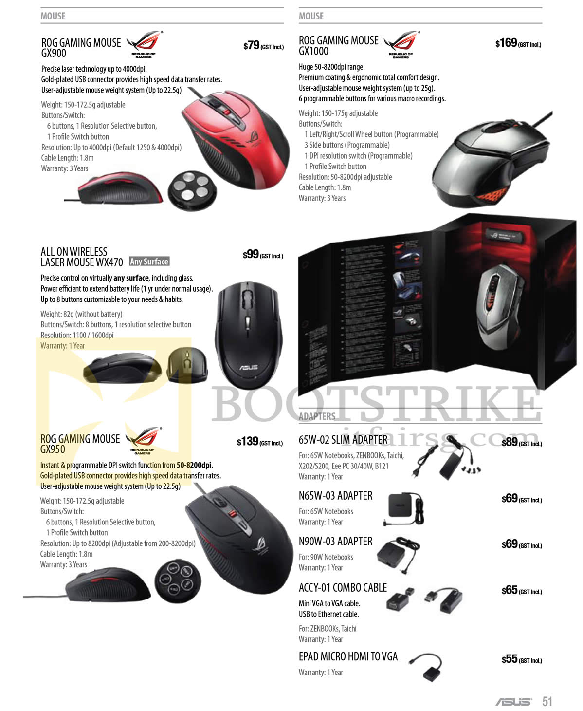 PC SHOW 2013 price list image brochure of ASUS Notebooks Accessories ROG Gaming Mouse GX900, Laser WX470, GX950, GX1000, Power Adapters, Cables
