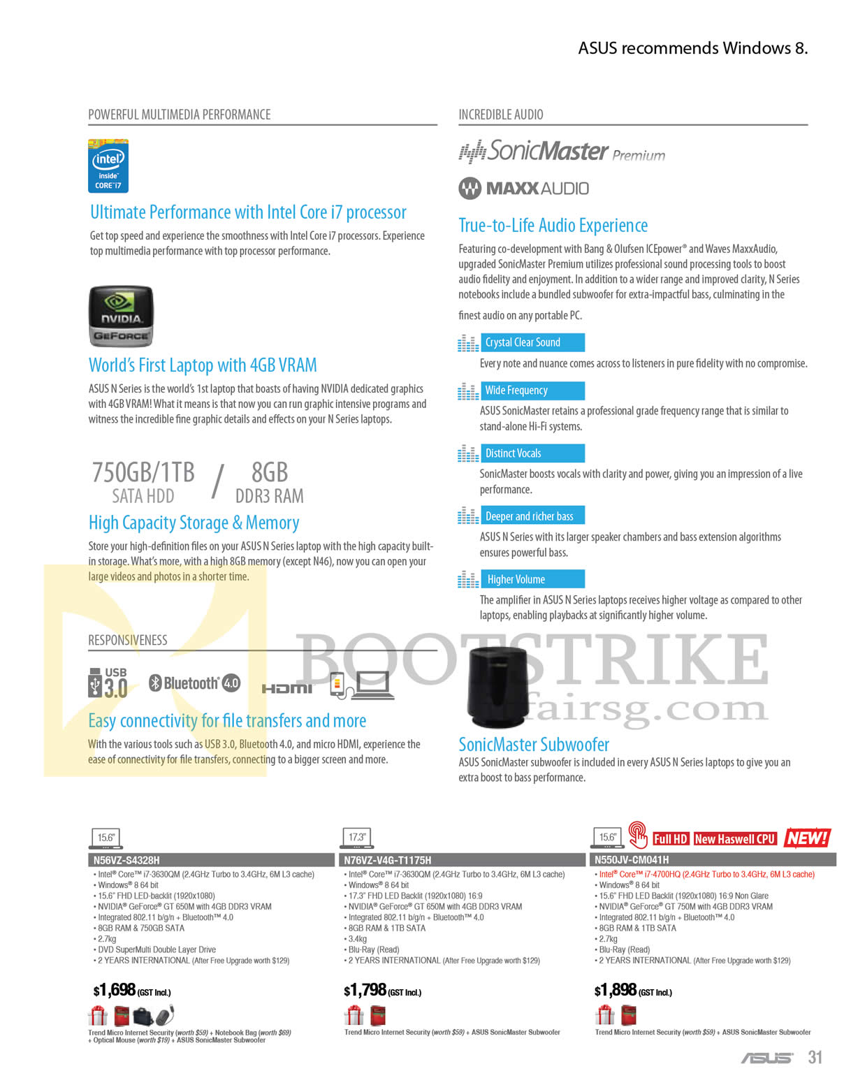 PC SHOW 2013 price list image brochure of ASUS Notebooks N Series Features, N56VZ-S4328H, N76VZ-V4G-T1175H, N550JV-CM041H, Subwoofer