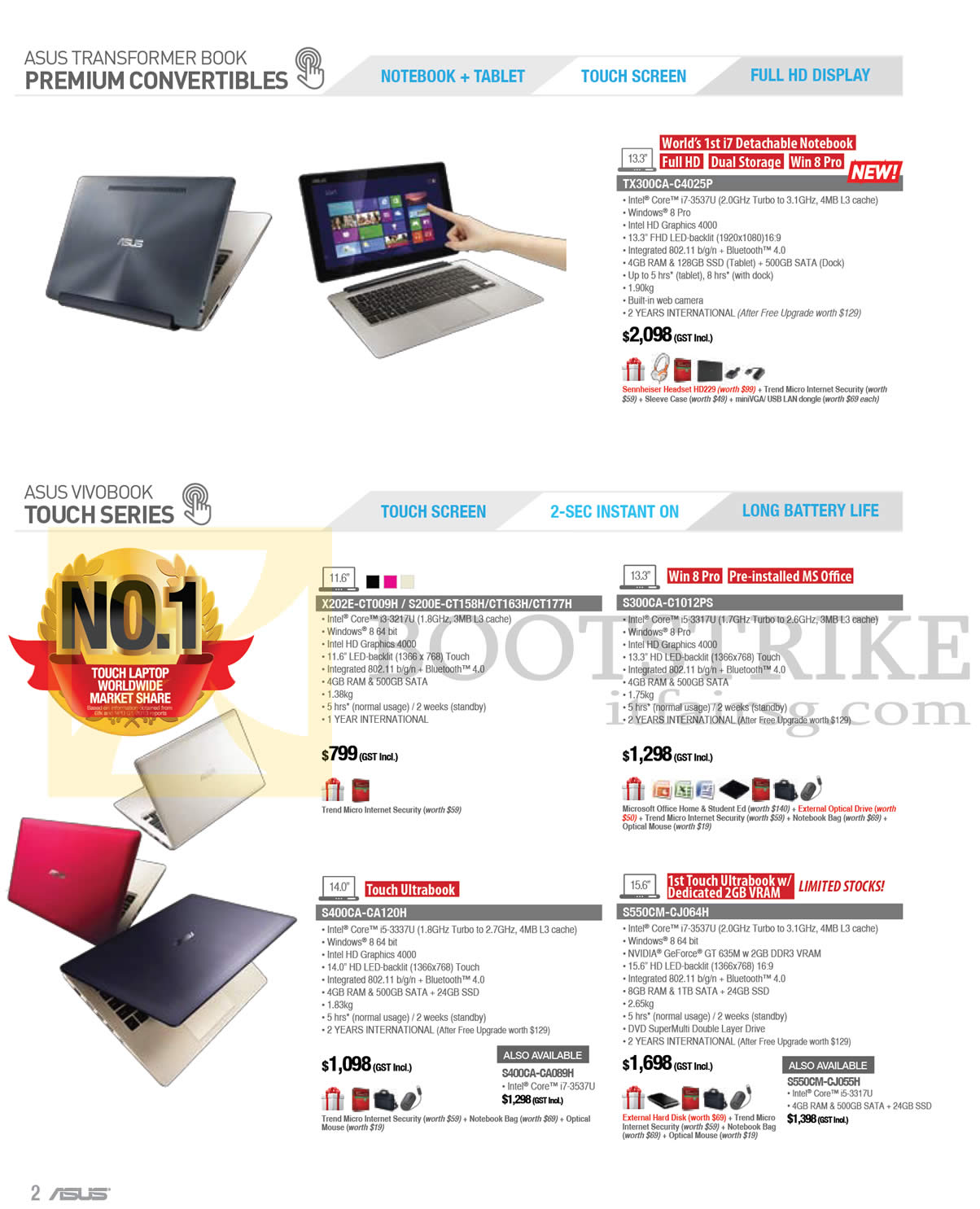 PC SHOW 2013 price list image brochure of ASUS Notebooks Transformer Book TX300CA-C4025P, X202E-CT009H, S200E-CT158H CT163H CT177H, S300CA-C1012PS, S400CA-CA120H, S550CM-CJ064H