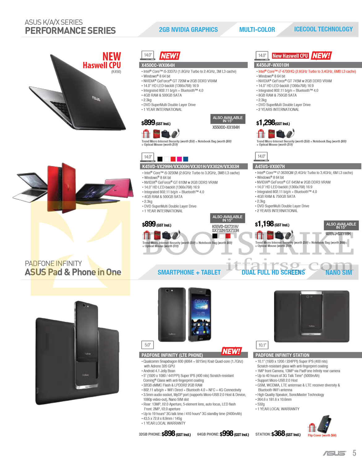 PC SHOW 2013 price list image brochure of ASUS Notebooks X450CC-WX064H, K450JF-WX010H, K45VD-VX299H, VX300H, VX301H, VX302H, VX303H, A45VS-VX007H, Padfone Infinity, Station