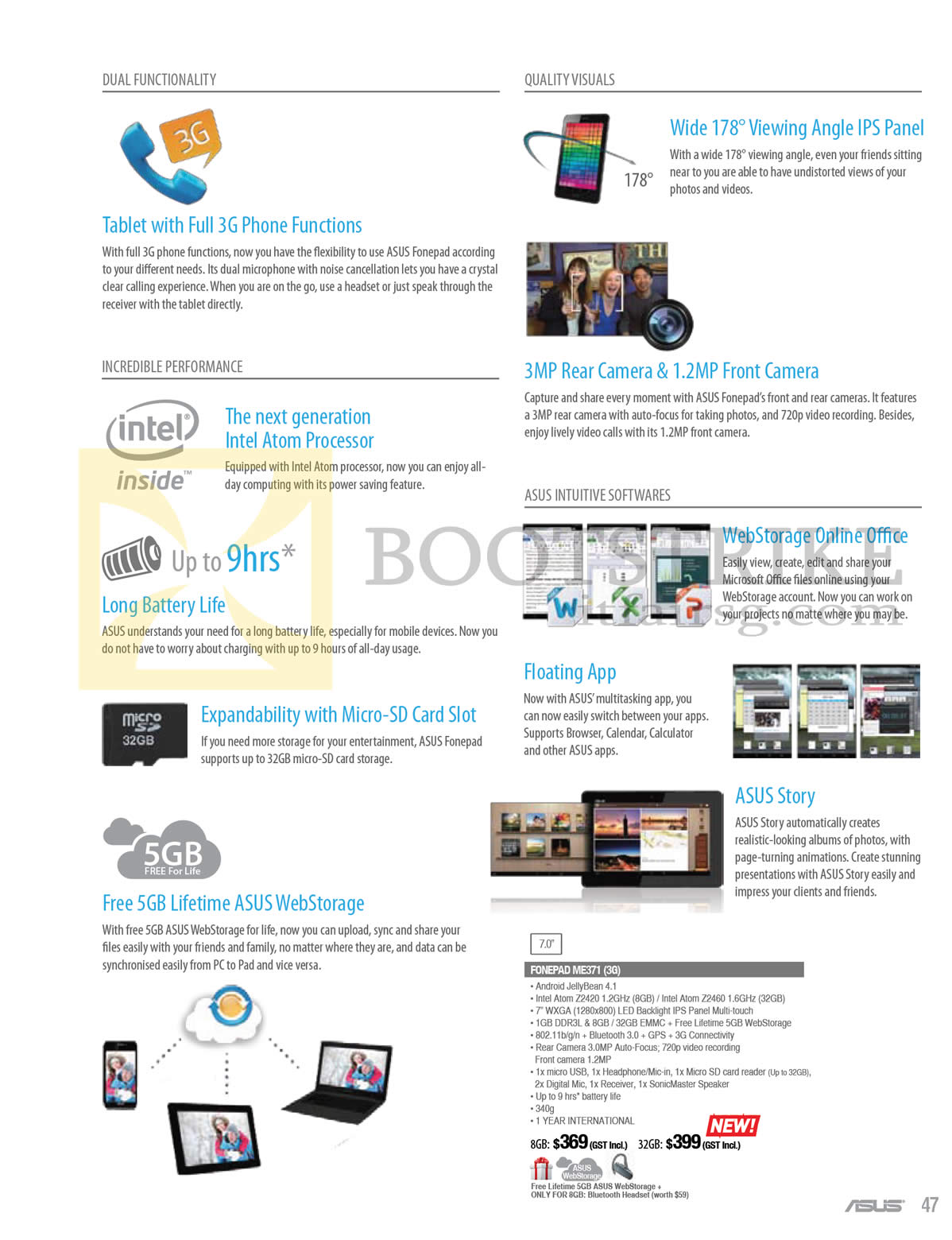 PC SHOW 2013 price list image brochure of ASUS Tablets Fonepad ME371 3G, Features