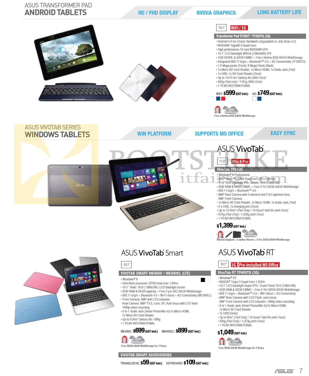 PC SHOW 2013 price list image brochure of ASUS Tablets Transformer Pad TF300T TF300TG 3G, VivoTab TF810C, VivoTab SMART ME400C ME400CL, VivoTab RT TF600TG