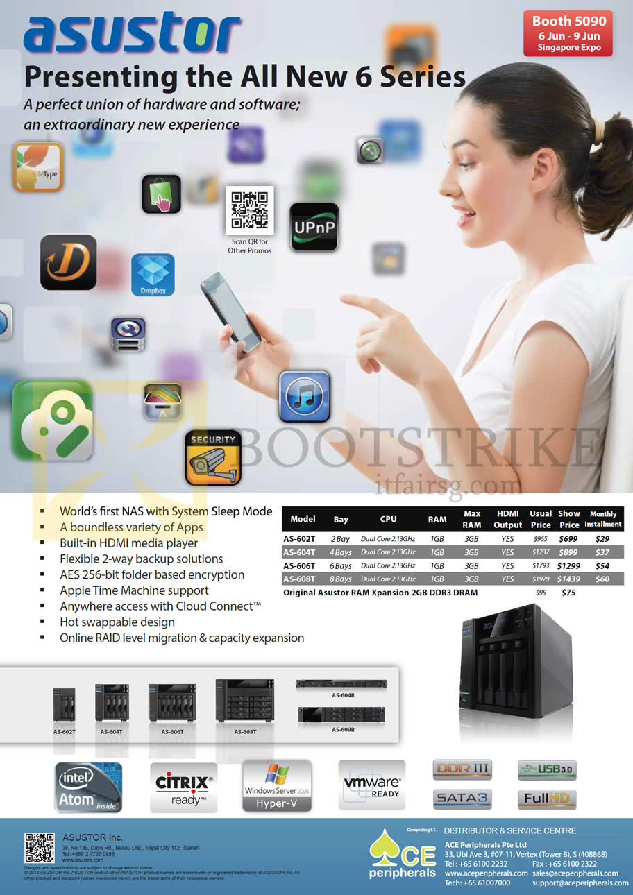 PC SHOW 2013 price list image brochure of Ace Peripherals Asustor NAS AS-602T, AS-604T, AS-606T, AS-608T, AS-604RS, AS-609RS