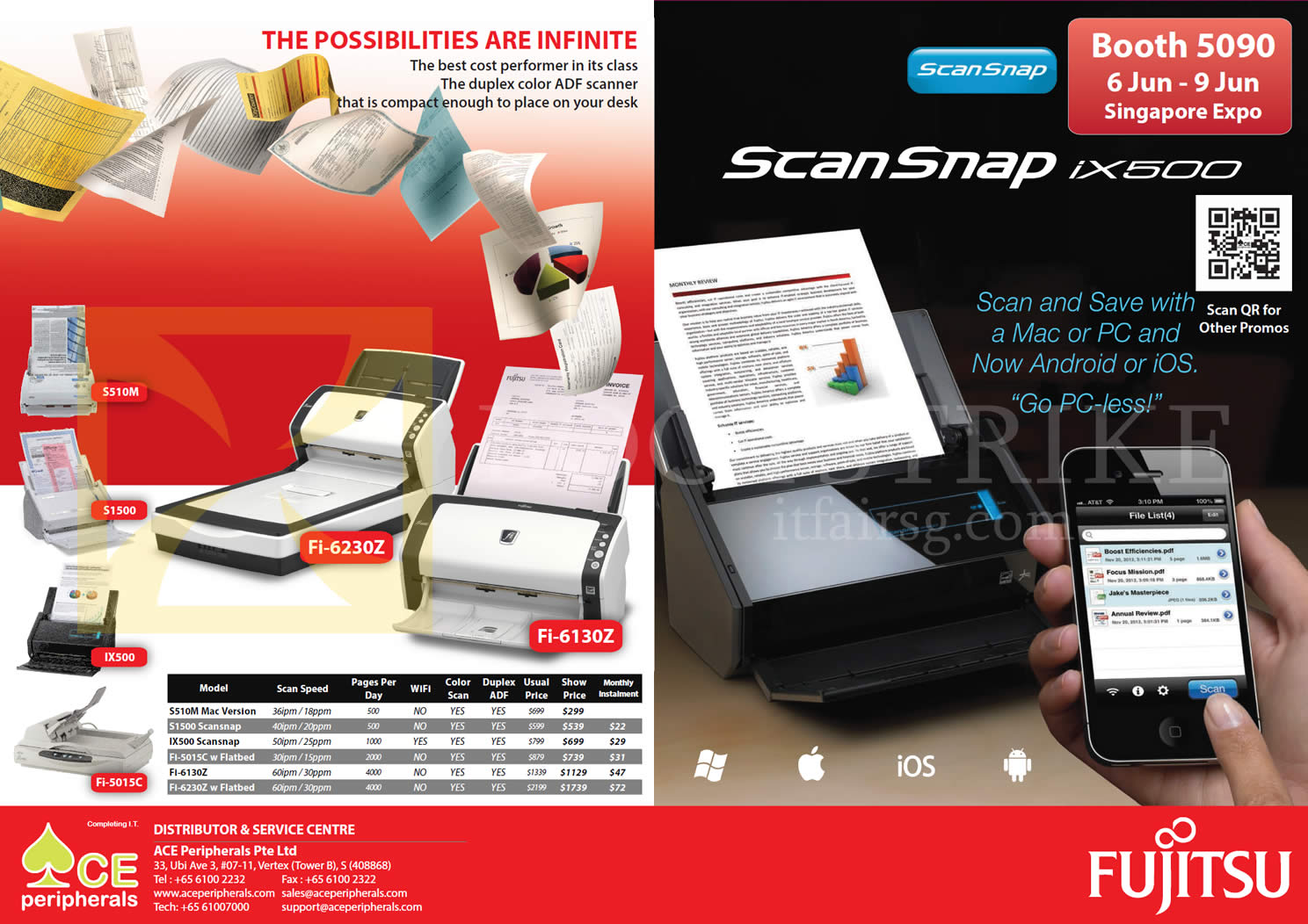 PC SHOW 2013 price list image brochure of Ace Peripherals Fujitsu Doc Scanner S510M, S1500, IX500, FI-5015C, FI-6130Z, FI-6230Z