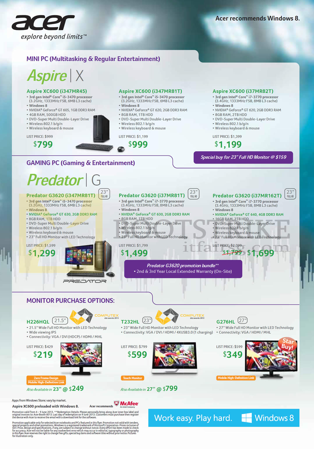 PC SHOW 2013 price list image brochure of Acer Desktop PCs, Monitors, Aspire XC600, G3620, H226HQL, T232HL, G276HL
