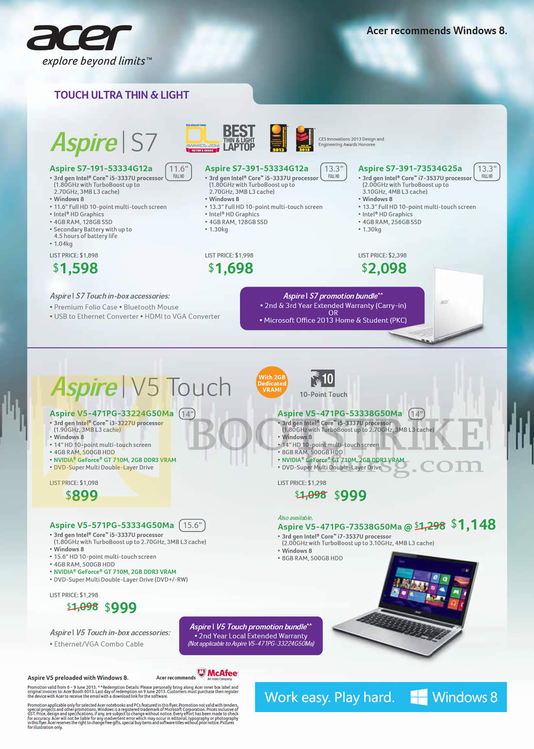 PC SHOW 2013 price list image brochure of Acer Notebooks Aspire S7-191-53334G12a, S7-391-53334G12a, S7-391-73534G25a, V5-471PG-33224G50Ma, V5-571PG-53334G50Ma