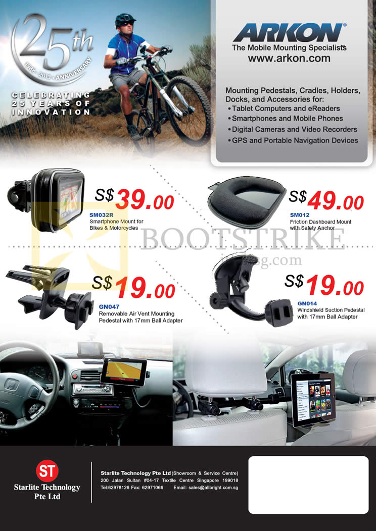 PC SHOW 2013 price list image brochure of Allbright Starlite Arkon Accessories SM032R Smartphone Mount, SM012 Dashboard Mount, GN047 Air Vent, GN014 Windshield Suction Pedestral