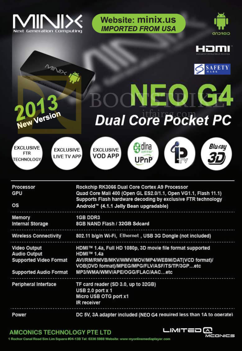 PC SHOW 2013 price list image brochure of Amconics Neo G4 Pocket PC Specifications