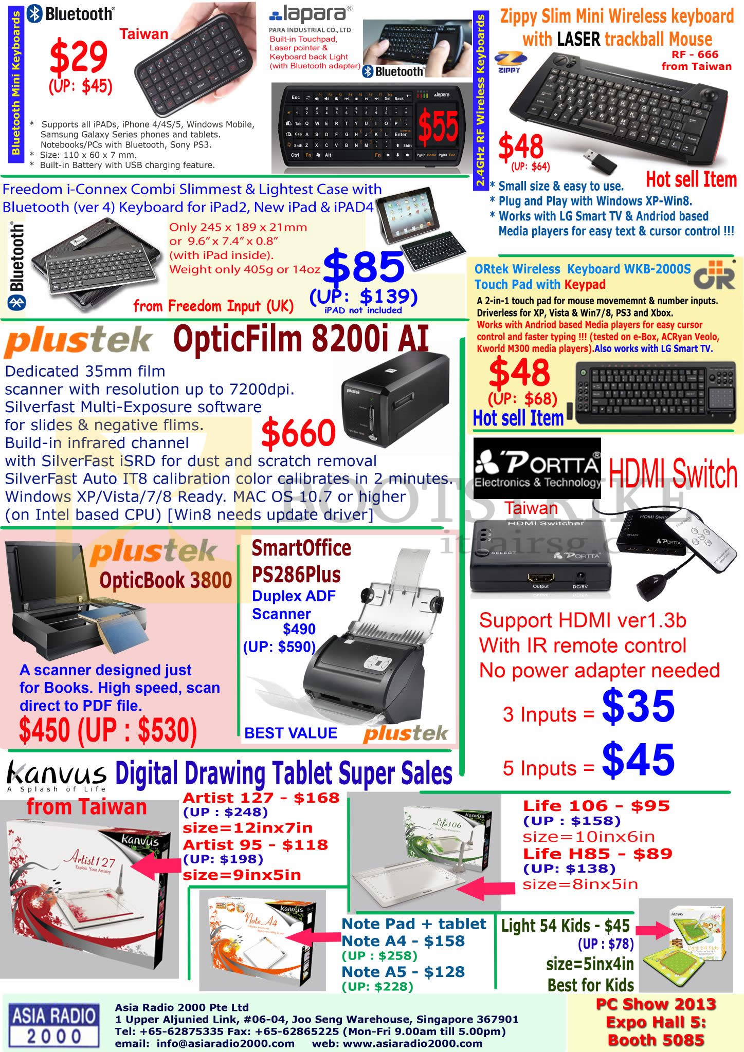 PC SHOW 2013 price list image brochure of Asia Radio Bluetooth Mini Keyboards, Lapara, Plustek OpticBook 3800 Scanner, OpticFilm 8200i AI, SmartOffice PS286Plus, Kanvus