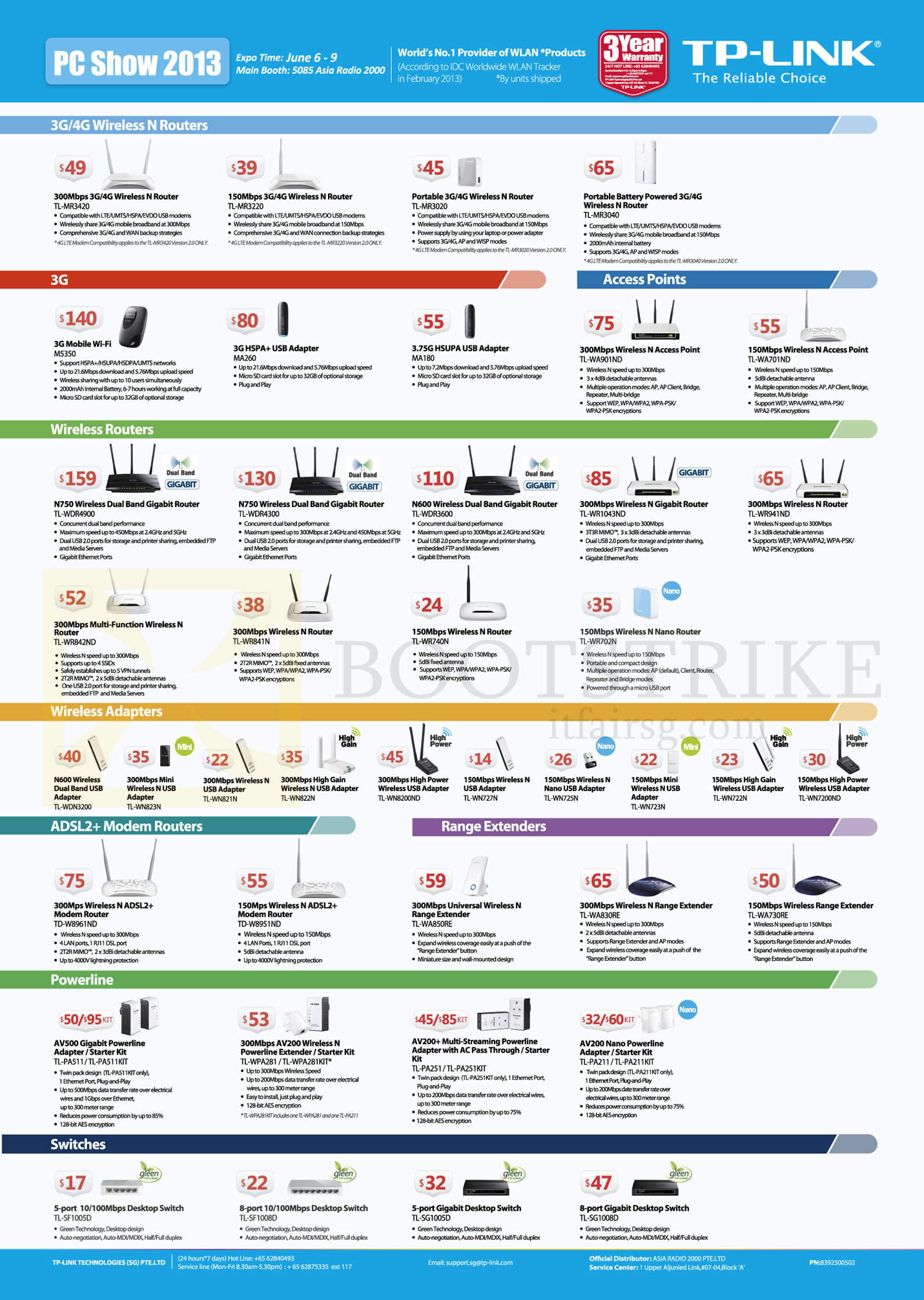 PC SHOW 2013 price list image brochure of Asia Radio TP-Link Networking 3G 4G Wireless Routers, USB Adapters, Modems, Access Points, ADSL2, Range Extenders, Powerline, Switches