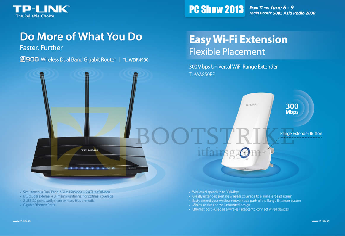 PC SHOW 2013 price list image brochure of Asia Radio TP-Link TL-WDR4900 Features, 300Mbps Wireless Extender TL-WA850RE
