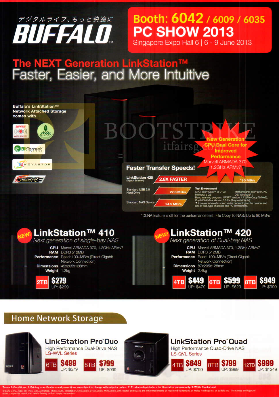 PC SHOW 2013 price list image brochure of Buffalo NAS LinkStation 410, 420, Pro Duo, Pro Quad